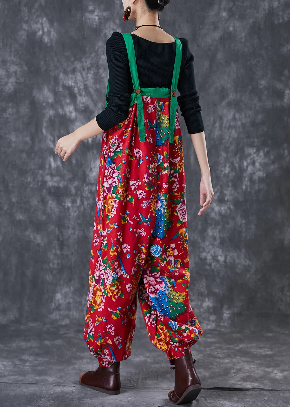 Red Print Cotton Overalls Jumpsuit Wear on Both Sides Fall