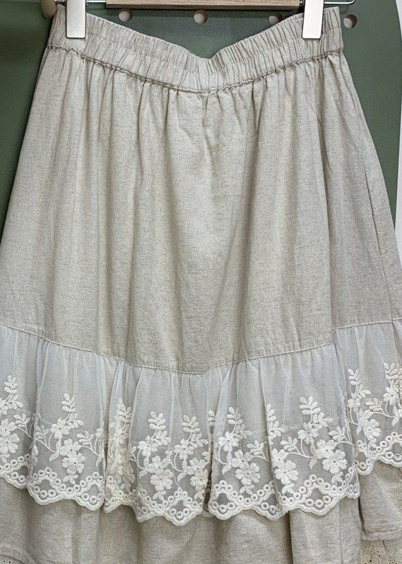 Linen Elastic Waist Lace Patchwork Linen Skirts Spring