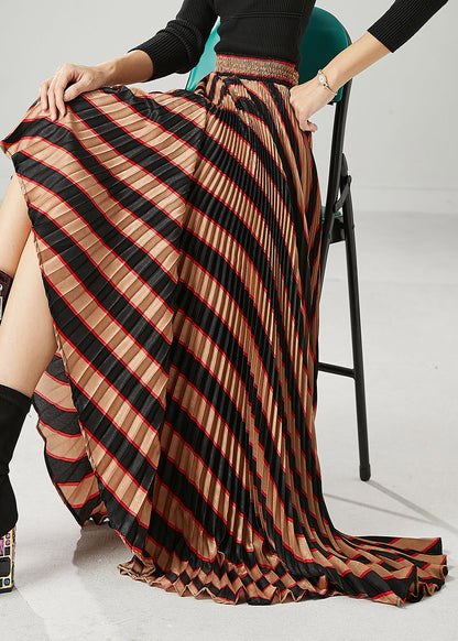 Coffee High Waist Striped Spandex Pleated Skirts Spring