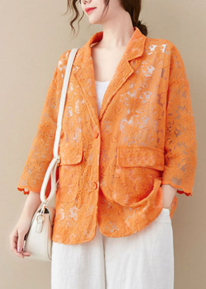 Italian Orange Button Peter Pan Collar Lace Coats Long Sleeve