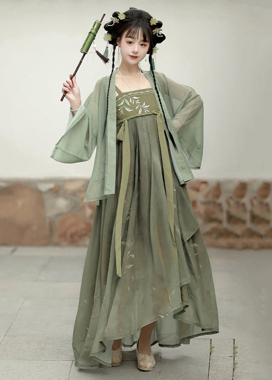 Green Embroideried Tops and Spaghetti Strap Dress Two Pieces Set Fall