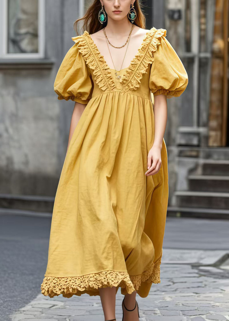 Yellow V Neck Wrinkled Cotton Ankle Dress Puff Sleeve