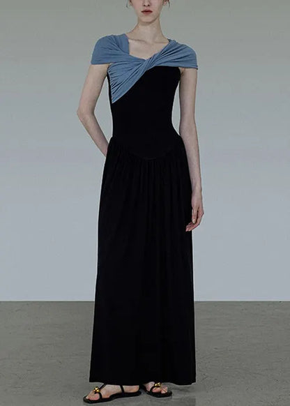 Original Black Slash Neck Wrinkled Patchwork Cotton Long Dress Summer