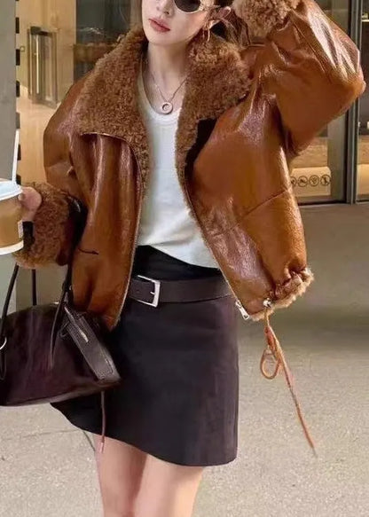 French Light Brown Zippered Drawstring Fuzzy Wool Lined Coat Winter