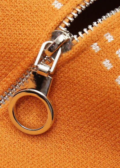 Stylish Orange O-neck Zip Up Pockets Print Knit Coats Long Sleeve