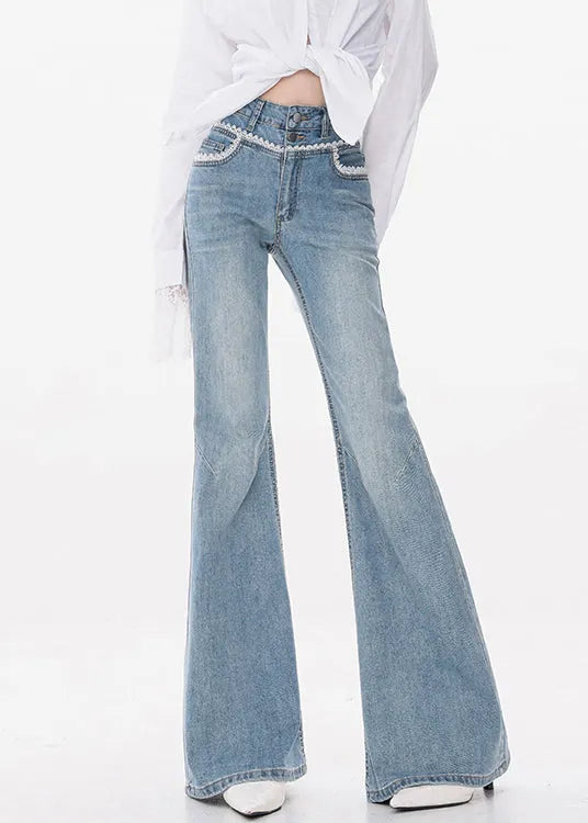 Slim Fit Blue Lace High Waist Denim Flared Trousers Fall