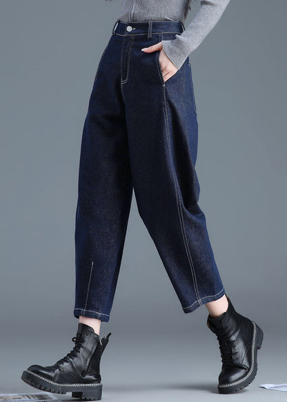 Blue High Waist Pockets Cotton Denim Harem Pants Summer