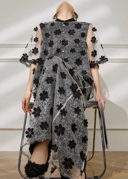 Vogue Black Embroidered Tulle Top and Maxi Skirts Two Pieces Set Short Sleeve