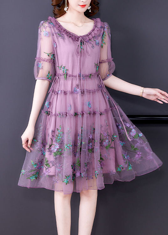 Purple Embroideried Tulle Holiday Dress Short Sleeve