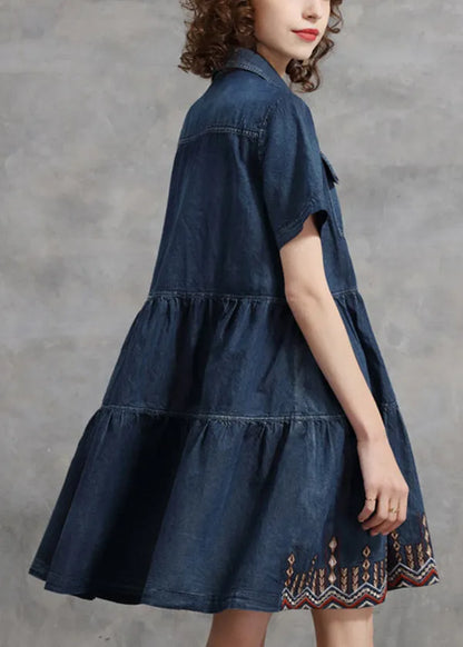 Denim Blue Peter Pan Collar Embroideried Cotton Shirt Dress Short Sleeve