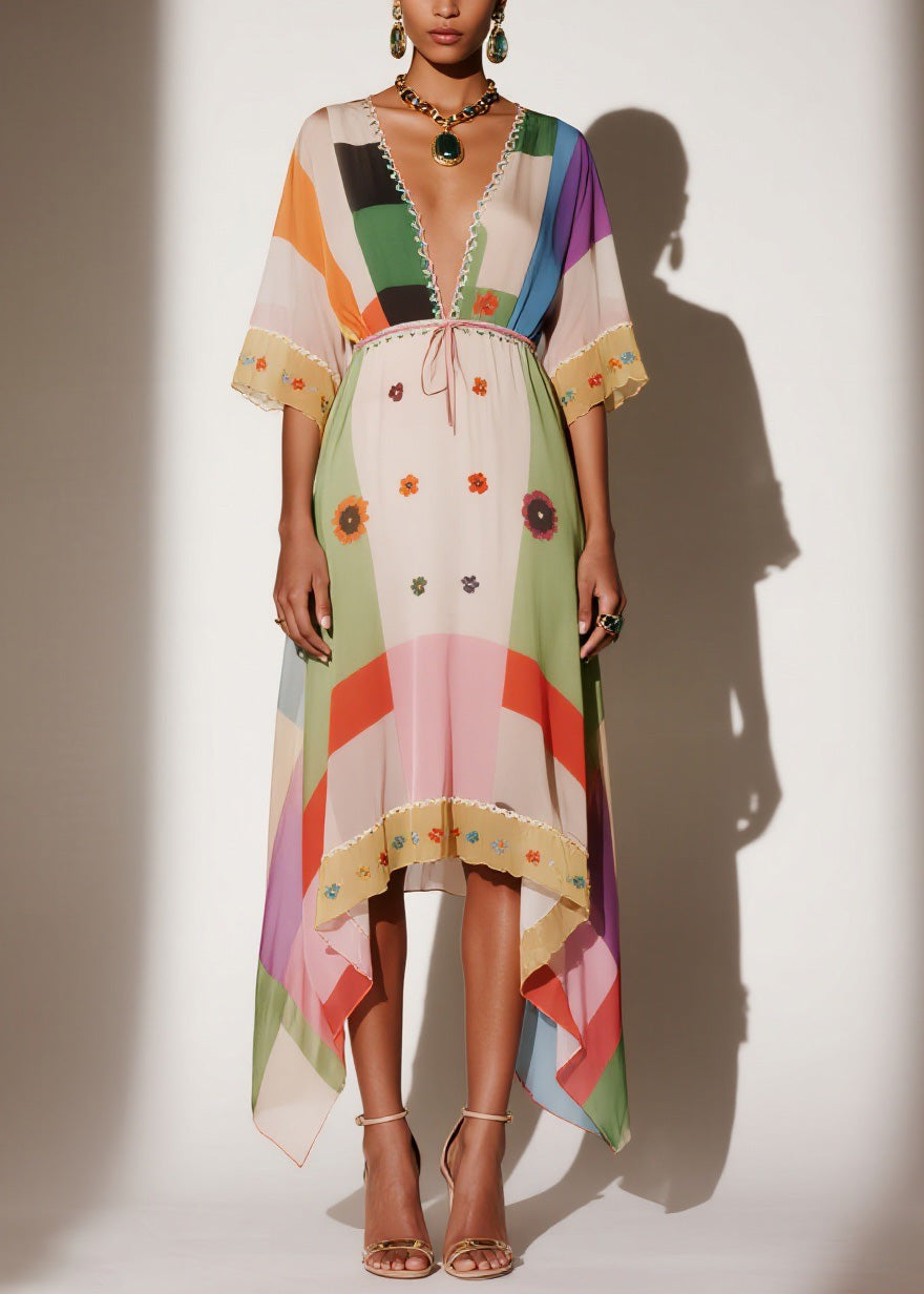 V Neck Print Asymmetrical Chiffon Long Dresses Summer