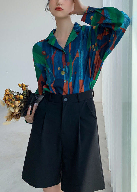 Blue Peter Pan Collar Print Button Cotton Blouses Fall