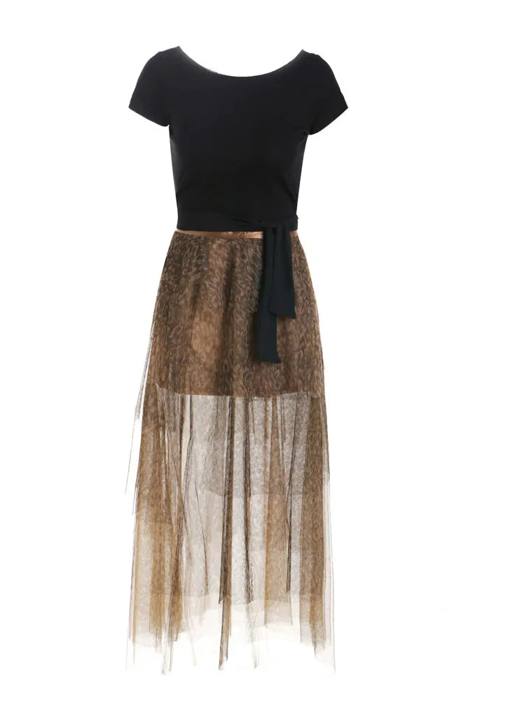 Vogue Black O-neck T Shirts and Tulle Maxi Skirts Two Pieces Set Summer