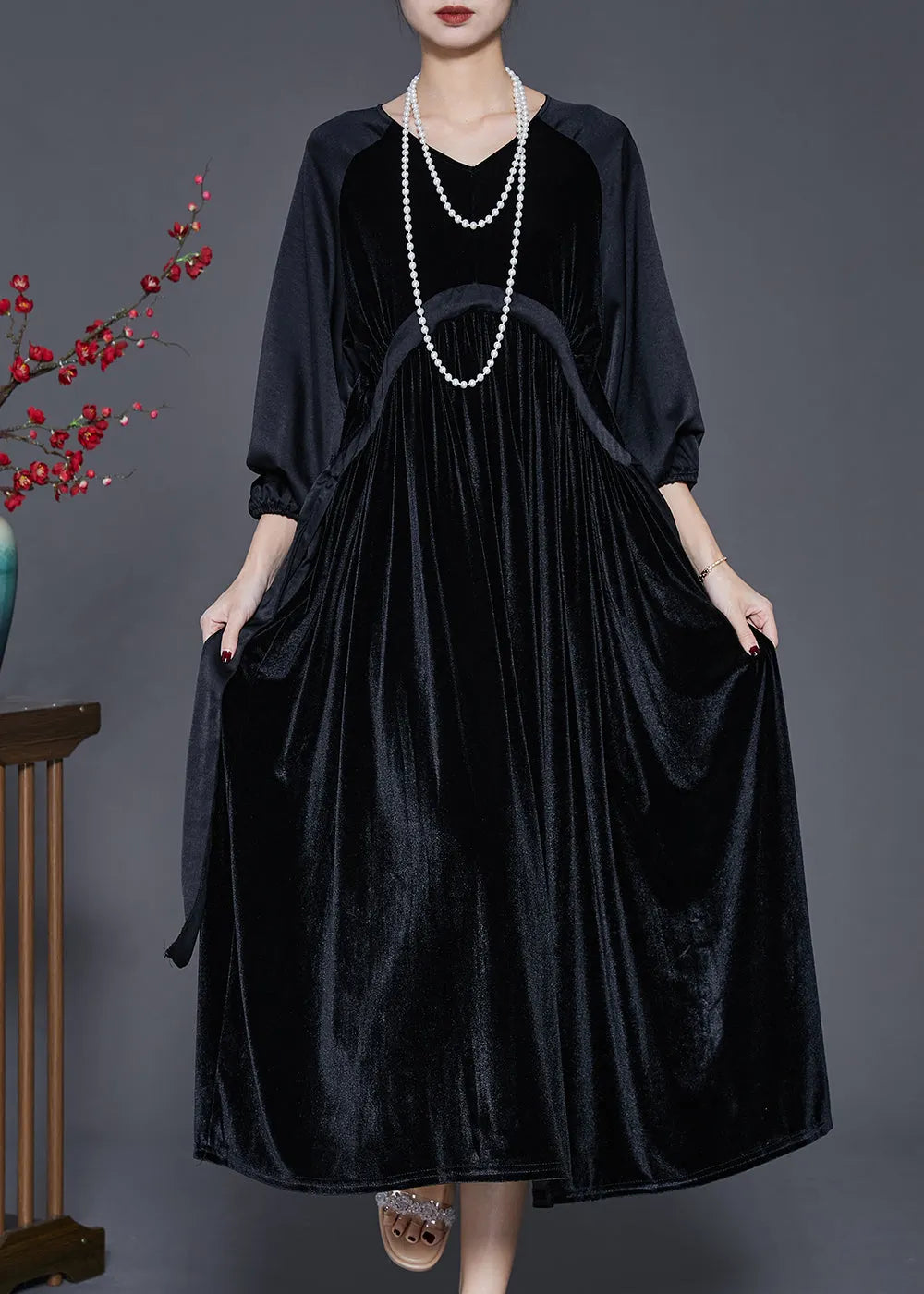 Black Oversized Patchwork Drawstring Silk Velour Dress Spring