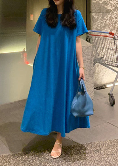 Blue Pockets Cotton Long Dress Short Sleeve