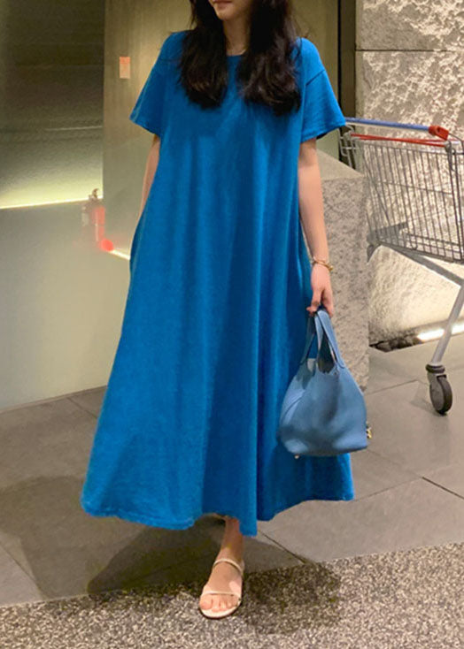 Blue Pockets Cotton Long Dress Short Sleeve