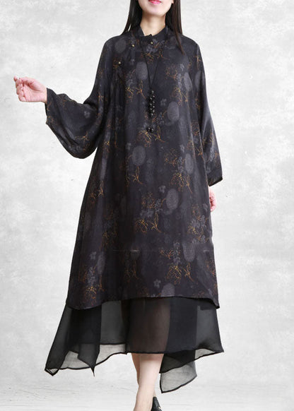 Black Mandarin Collar Tulle Patchwork Fake Two Piece Dress Long Sleeve