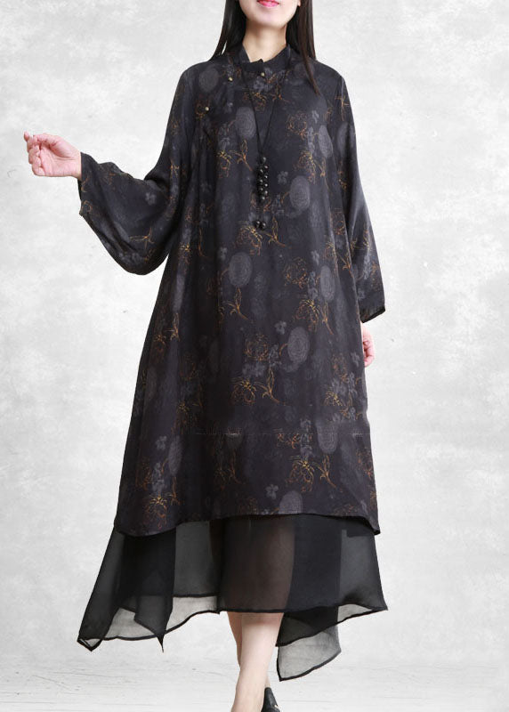 Black Mandarin Collar Tulle Patchwork Fake Two Piece Dress Long Sleeve