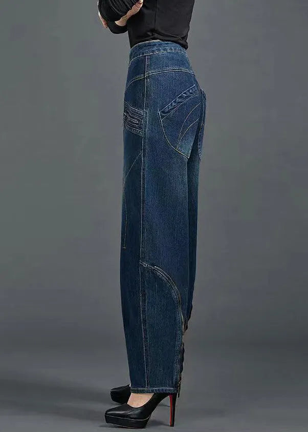 Blue High Waist Flatering Zip Up Pockets Cotton Denim Pants Summer
