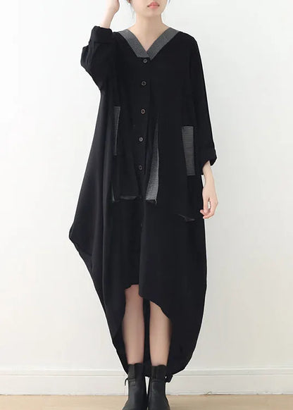 Black V Neck Asymmetrical Low High Design Button Maxi Dress Fall