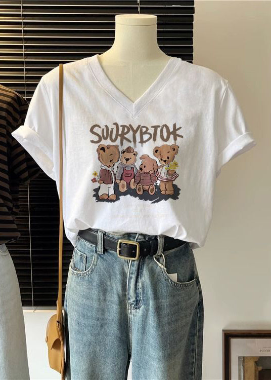 Loose Bow V Neck Print Cotton T Shirts Summer