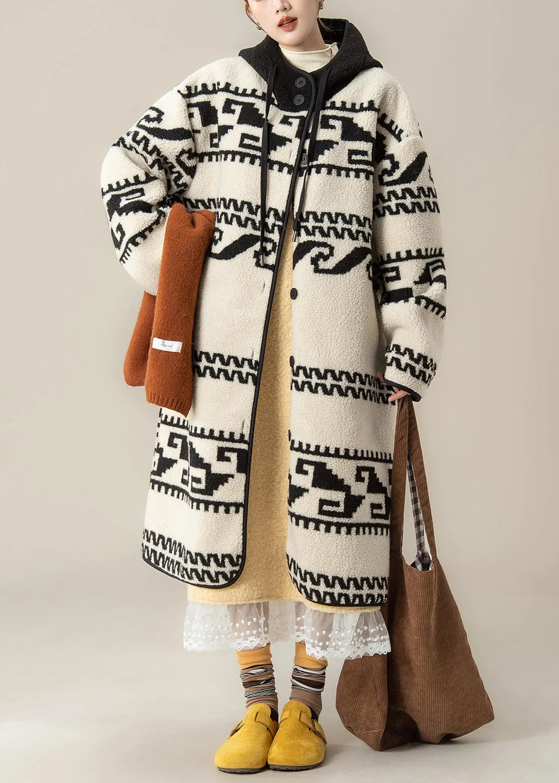 French White Print Button Loose Faux Fur Hooded Coat Winter