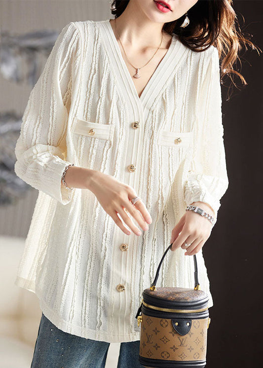 White V Neck Ruffled Patchwork Lace Top Fall