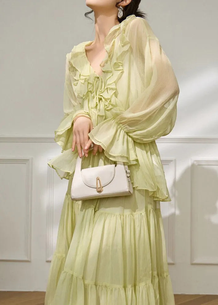 Light Green V Neck Ruffled Shirts and Maxi Skirts Two Pieces Set Flare Sleeve