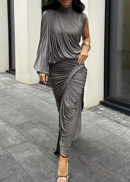 Italian Grey Asymmetrical Wrinkled Tops and Skirts Two Pieces Set Spring