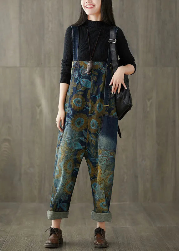 Navy Pockets Print Jeans Jumpsuit Spring