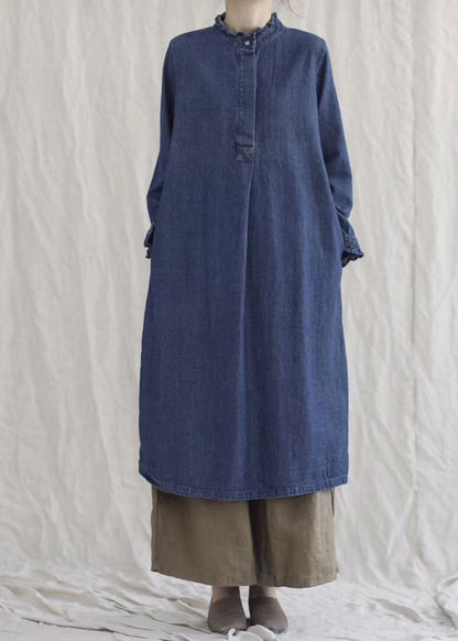 Style Blue Ruffled Pockets Denim Ankle Dress Spring