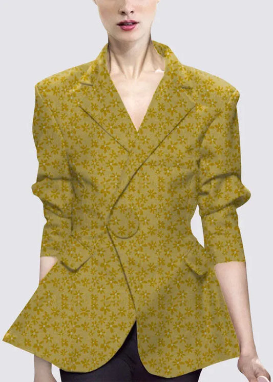 Natural Yellow Button Peter Pan Collar Print Western-style Clothes Coat Long Sleeve