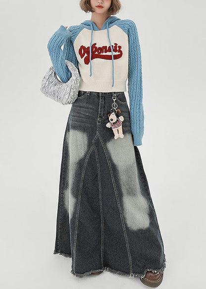 Blue Hooded Patchwork Jacquard Knit Sweatshirts Top Spring
