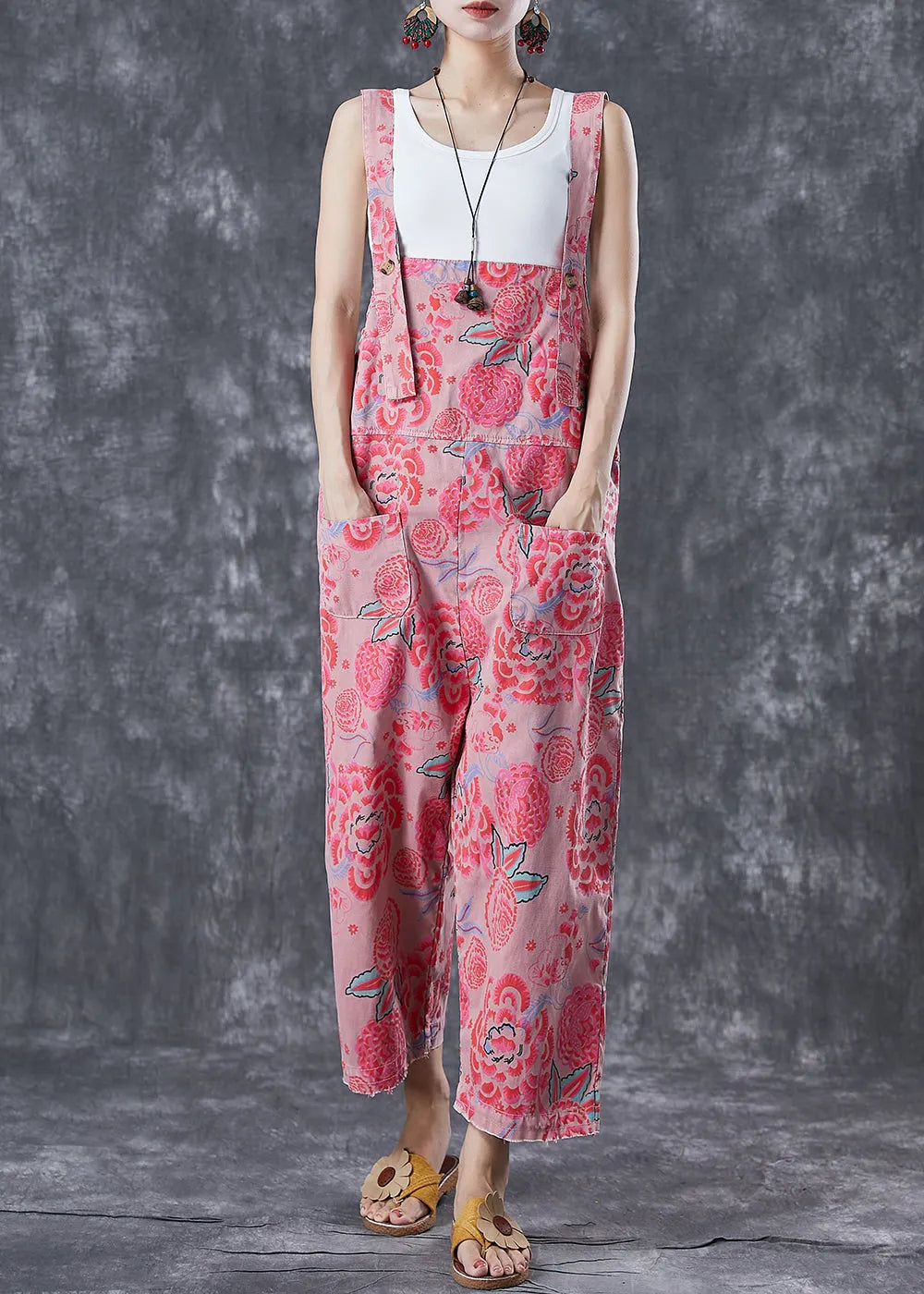 Pink Print Denim Jumpsuit Oversized Pockets Summer