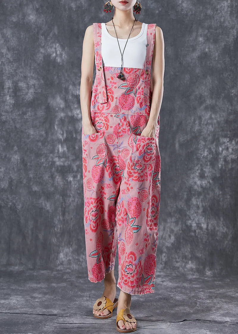 Pink Print Denim Jumpsuit Oversized Pockets Summer