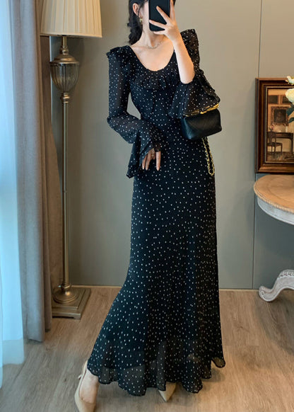 Fitted Black U Neck Print Chiffon Robe Dresses Flare Sleeve