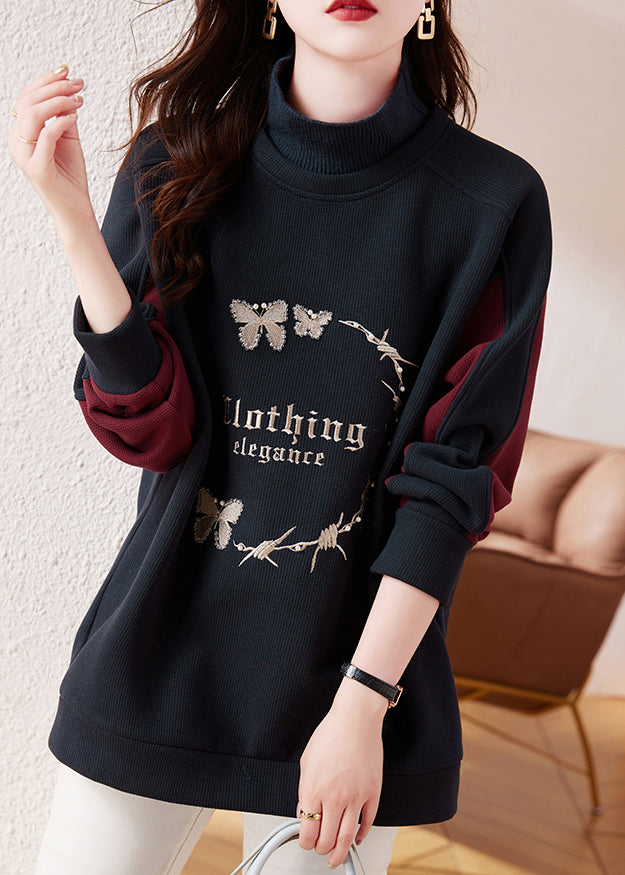 Navy Embroideried Patchwork Warm Fleece Sweatshirt Winter