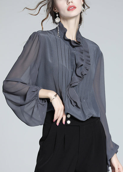 Italian Grey Ruffled Silk Blouses Fall