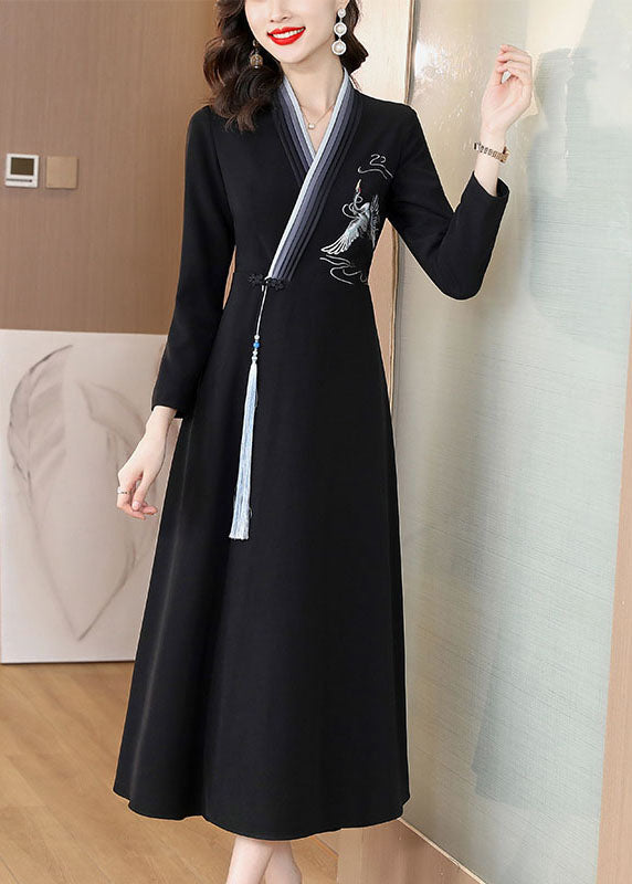 Blue Embroideried Button Long Dress Long Sleeve