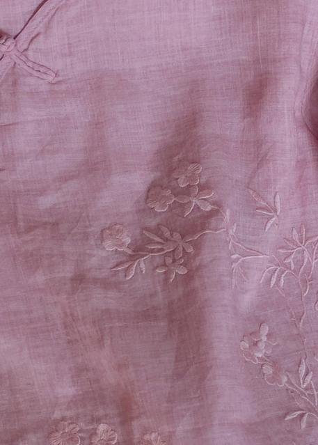 Classy O Neck Chinese Button Clothes for Shape Pink Embroidery Shirt
