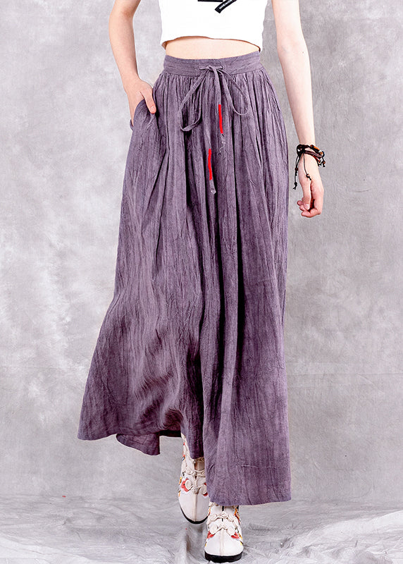 Purple Wrinkled Pockets Tie Dye Linen Skirts Spring
