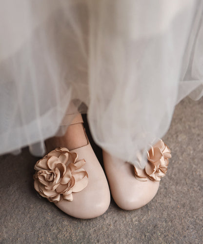 Apricot Cowhide Leather Flat Shoes Splicing Buckle Strap
