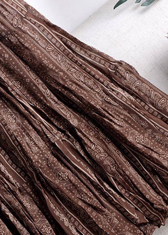 Brown Print Higt Waist a Line Skirt Fall