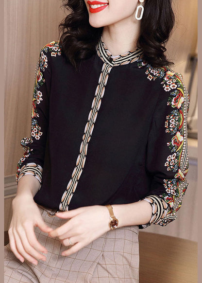 Black Stand Collar Print Chiffon Shirt Top Long Sleeve