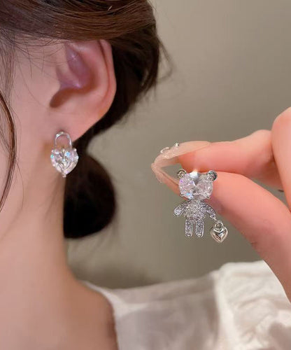 Copper Zircon Asymmetrical Little Bear Love Lock Stud Earrings