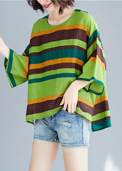 Unique Green O-neck Asymmetrical Striped T Shirt Summer