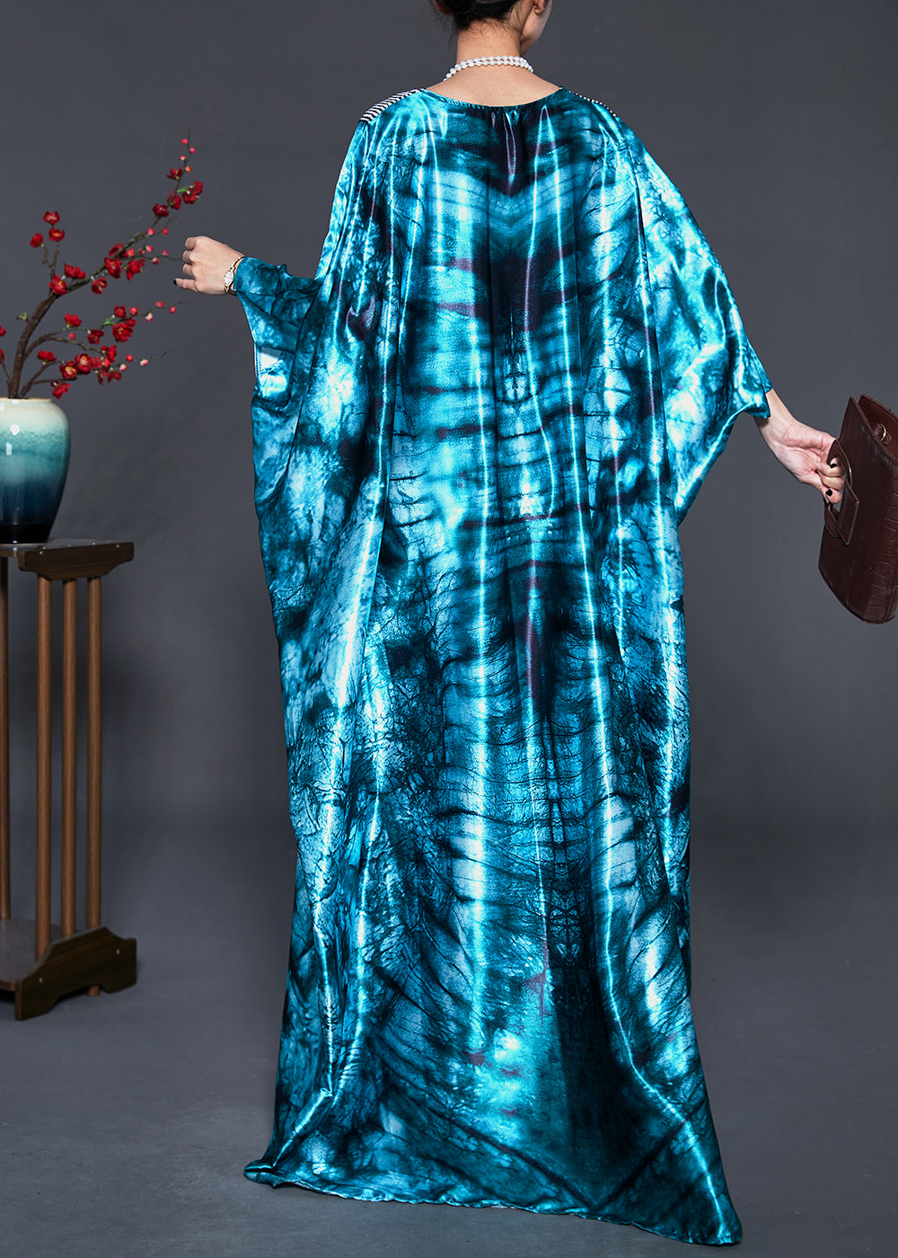 Green Oversized Tie Dye Silk Dress Batwing Sleeve