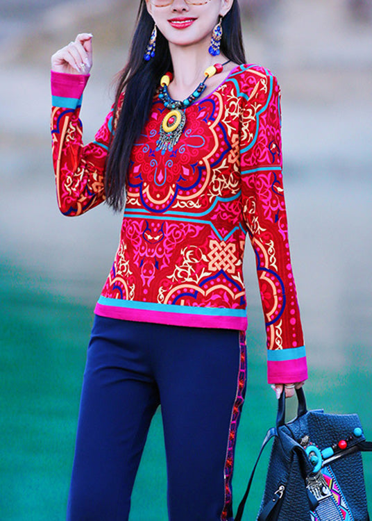 Vogue Red O-neck Print Top Long Sleeve