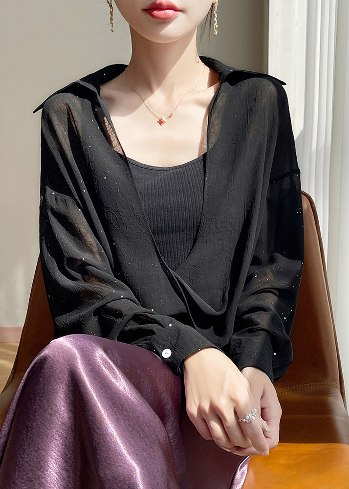 Black Peter Pan Collar Chiffon Blouses Fall