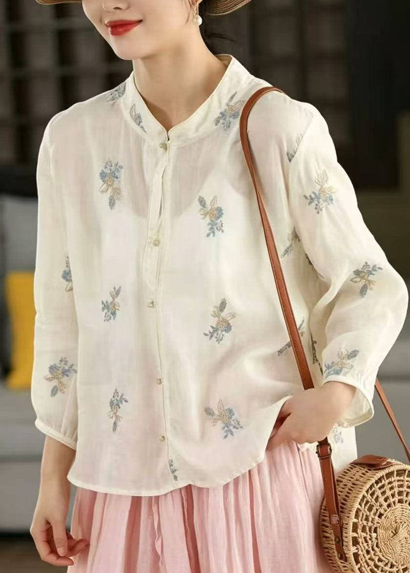 White Stand Collar Embroidered Linen Blouses Spring